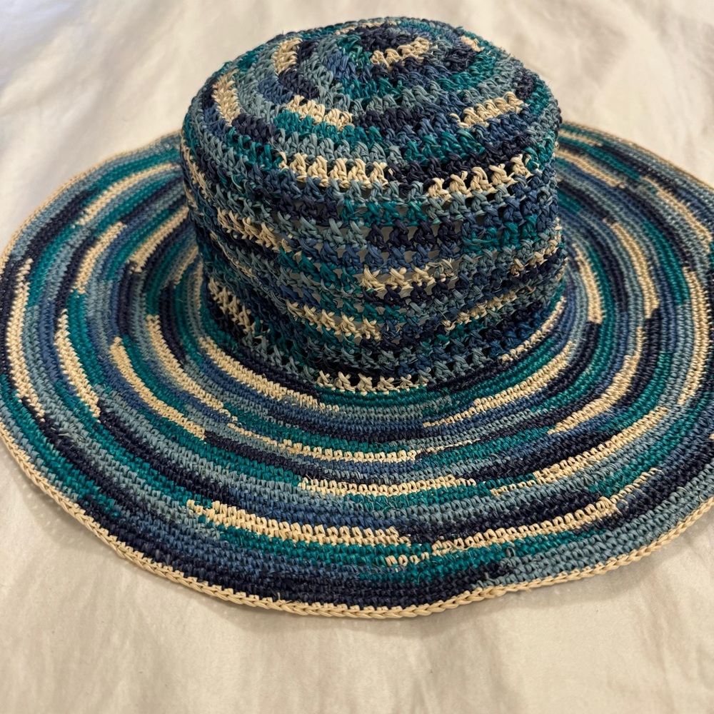 Striped Crochet Beach Hat in Teal, Navy & Cream
